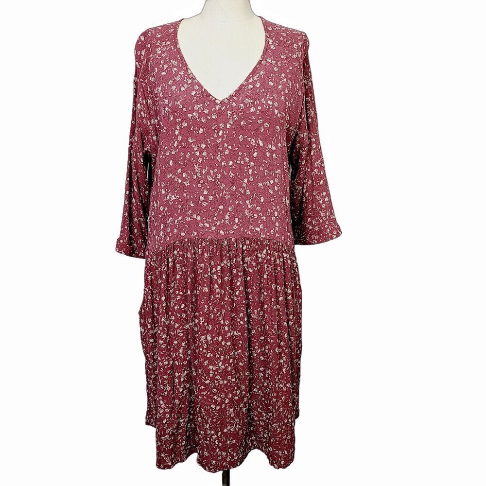 Garnet Hill Dress 18 Maroon Red Floral A-Line‎ V-Neck 3/4 Sleeve Pockets